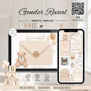 May include: A gender reveal website template featuring a beige envelope with a bow wax seal, a teddy bear, and balloons. The design includes text such as Gender Reveal, He or She, and You're invited, displayed on a tablet and smartphone screen.