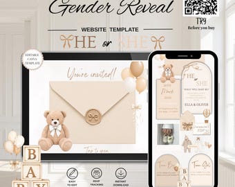 We Can Bearly Wait Gender Reveal Party Website Template: He or She Teddy Bear Digital Invitation