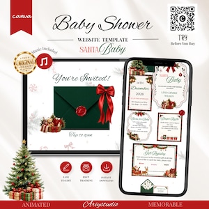 May include: A digital baby shower website template titled Santa Baby featuring a dark green envelope with a red bow and wax seal. The mobile screen displays event details, a diaper raffle, and gift registry information with festive Christmas graphics.