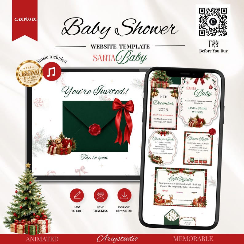 May include: A digital baby shower website template titled Santa Baby featuring a dark green envelope with a red bow and wax seal. The mobile screen displays event details, a diaper raffle, and gift registry information with festive Christmas graphics.
