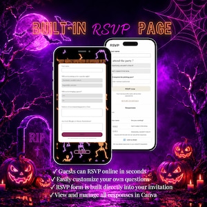 May include: Two smartphones display a digital RSVP form with a Halloween theme featuring skeletons, pumpkins, and a tombstone. The screens show input fields for names, attendance status, guest count, and dietary restrictions with text in English.