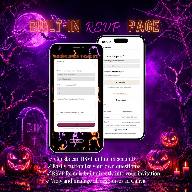 May include: Two smartphones display a digital RSVP form with a Halloween theme featuring skeletons, pumpkins, and a tombstone. The screens show input fields for names, attendance status, guest count, and dietary restrictions with text in English.