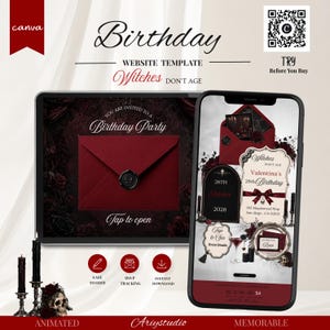 May include: A digital birthday website template featuring a dark red envelope with a black wax seal, gothic floral accents, and a skull. The screen displays event details for Valentina's 28th birthday on October 26th, 2026, with a countdown timer.
