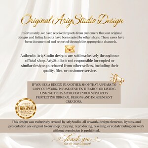 May include: A digital notice titled Original AriyStudio Design with text stating that designs are copied by other shops. It includes an envelope icon, a megaphone icon, and a gold circular badge reading The Original Design by AriyStudio.