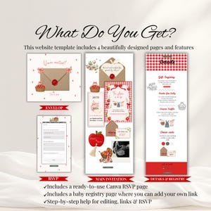 Pode incluir: Um modelo de site digital com quatro p&aacute;ginas com design tem&aacute;tico de ma&ccedil;&atilde;. O layout inclui um envelope, um formul&aacute;rio de RSVP, um convite principal e uma p&aacute;gina de detalhes com padr&otilde;es xadrez vermelhos e ilustra&ccedil;&otilde;es de ma&ccedil;&atilde;s.