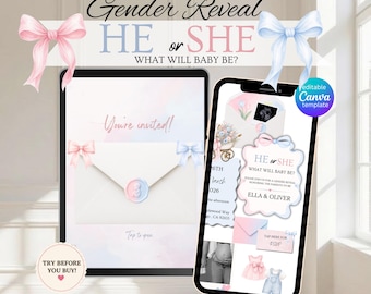 Gender Reveal Invitation Template, Pink Blue Bow Baby Shower Digital Invite (Canva)