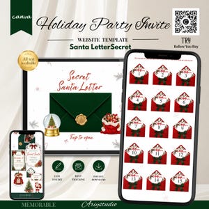 May include: A digital holiday party invitation website template titled Santa LetterSecret. The design features a green envelope with a gold wax seal, a snow globe, and a red gift bag. Mobile screens display a grid of numbered red envelopes.