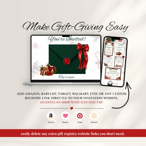 May include: A laptop and smartphone displaying a digital invitation website with a dark green envelope, red bow, and wax seal. The screen shows text including Make Gift-Giving Easy, You're Invited, and Tap to open, with icons for Amazon, Babylist, Target, and Walmart.