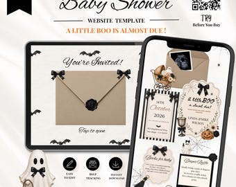 May include: A digital baby shower website template displayed on a tablet and smartphone, featuring a Halloween theme with bats, ghosts, and pumpkins. The text includes Baby Shower, A LITTLE BOO IS ALMOST DUE, You're Invited, and Tap to open.