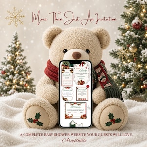 May include: A beige plush teddy bear wearing a red and green knit scarf, holding a smartphone displaying a digital baby shower invitation with the text More Than Just An Invitation and A COMPLETE BABY SHOWER WEBSITE YOUR GUESTS WILL LOVE.