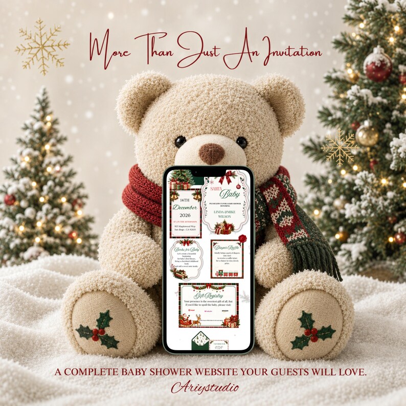May include: A beige plush teddy bear wearing a red and green knit scarf, holding a smartphone displaying a digital baby shower invitation with the text More Than Just An Invitation and A COMPLETE BABY SHOWER WEBSITE YOUR GUESTS WILL LOVE.