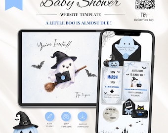 May include: A digital baby shower website template displayed on a tablet and smartphone. The design features a white ghost wearing a black witch hat, bats, and pumpkins. Text includes Baby Shower, You're Invited, A LITTLE BOO IS ALMOST DUE, and 26TH MARCH 2026.