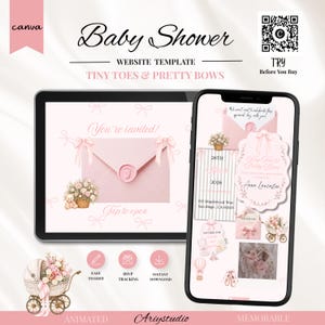 Babyshower uitnodiging sjabloon 'Tiny Toes & Pretty Bows' op Canva, roze digitale uitnodiging voor een babyshower voor een meisje, Coquette website-uitnodiging met RSVP afbeelding 1
