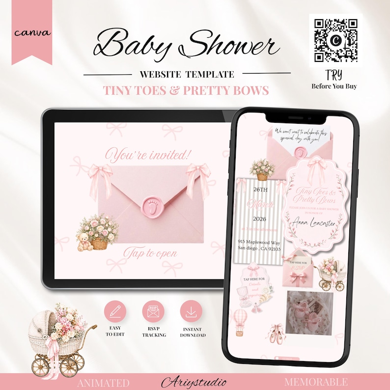 Babyshower uitnodiging sjabloon 'Tiny Toes & Pretty Bows' op Canva, roze digitale uitnodiging voor een babyshower voor een meisje, Coquette website-uitnodiging met RSVP afbeelding 1