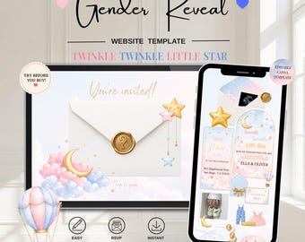 Gender Reveal Invitation, Twinkle Twinkle Little Star Gender Reveal Party, Editable Invite, Cloud and Stars Theme, Blue Pink, He or She