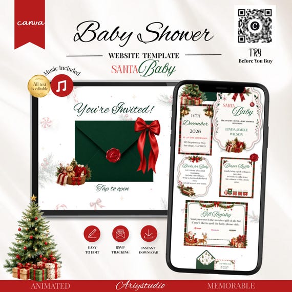 Santa Baby Shower Invitation Digital – Christmas Winter Theme – Gender Neutral RSVP Website – Editable Canva Template