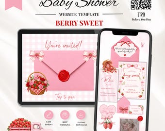 Strawberry Baby Shower Invitation Template, Berry Sweet Editable Pink Baby Shower Digital Invitation with trackable RSVP, Digital Download