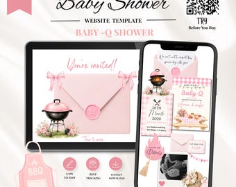 pink bbq shower invitation + rsvp,farm ranch baby q editable inviting , gingham girl baby shower website invitation