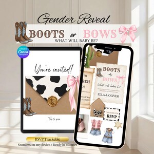 May include: A digital gender reveal invitation template featuring a cow print envelope with a pink bow and gold wax seal, alongside a smartphone displaying a western-themed invitation with the text Boots or Bows, What will baby be?