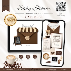 May include: A digital baby shower website template titled Cafe Bebe, displayed on a tablet and smartphone. The design features brown and cream striped awnings, coffee-themed graphics, a wax seal envelope, and text including You're invited.