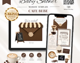 May include: A digital baby shower website template titled Cafe Bebe, displayed on a tablet and smartphone. The design features brown and cream striped awnings, coffee-themed graphics, a wax seal envelope, and text including You're invited.