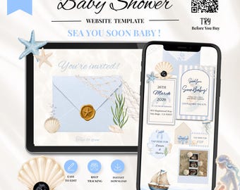 Sea You Soon Baby Shower Website Invitation | Coastal Baby Shower Invite | Ocean Theme Baby Shower | Editable Canva Template | RSVP Tracker