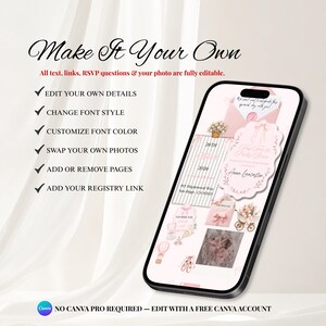Babyshower uitnodiging sjabloon 'Tiny Toes & Pretty Bows' op Canva, roze digitale uitnodiging voor een babyshower voor een meisje, Coquette website-uitnodiging met RSVP afbeelding 5