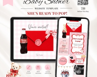 She's Ready To Pop Baby Shower Website Invitation Template: Red Soda Theme ( Editable in Canva)