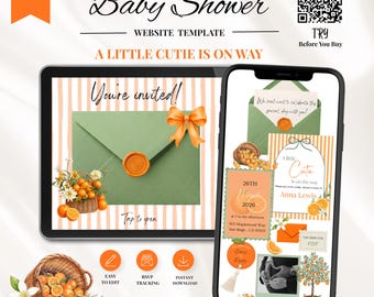 A Little Cutie is on the Way Baby Shower Website Template with RSVP, Editable Canva Website, Citrus Orange Baby Shower Digital Invitation