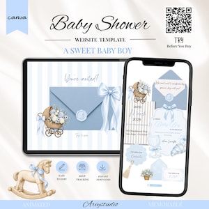 Könnte beinhalten: Eine digitale Babyparty-Website-Vorlage für einen Jungen mit hellblau-weiß gestreiften Hintergründen, einer Illustration eines Weidenkinderwagens, einem blauen Umschlag mit Schleife und Text wie Baby Shower und A Sweet Baby Boy.