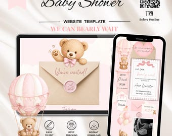 Teddy Bear Ballon Invite We Can Bearly Wait Baby Shower Website Template With RSVP Invitation | Editable Canva Evite girl pink Digital