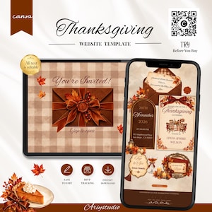 Peut inclure: Un modèle de site web pour Thanksgiving affiché sur une tablette et un smartphone, avec un fond à carreaux marron, des feuilles d'automne et une enveloppe. Le texte inclut "Thanksgiving", "You're Invited", "Tap to open" et des détails.
