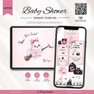 Może przedstawiać: Szablon strony internetowej na baby shower z motywem Halloween w kolorze różowym i czarnym. Projekt zawiera ducha z różową kokardą na miotle, kod QR oraz elementy interfejsu mobilnego wyświetlające szczegóły wydarzenia, datę i RSVP.