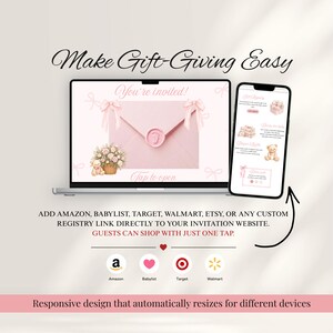 Babyshower uitnodiging sjabloon 'Tiny Toes & Pretty Bows' op Canva, roze digitale uitnodiging voor een babyshower voor een meisje, Coquette website-uitnodiging met RSVP afbeelding 4