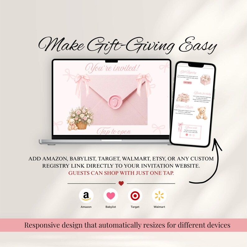 Babyshower uitnodiging sjabloon 'Tiny Toes & Pretty Bows' op Canva, roze digitale uitnodiging voor een babyshower voor een meisje, Coquette website-uitnodiging met RSVP afbeelding 4