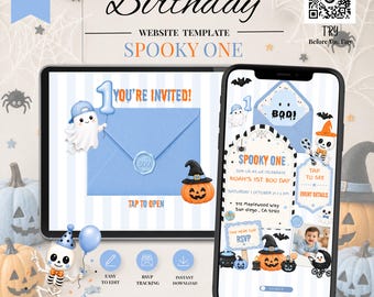 Convite de aniversário assustador para menino com confirmação de presença, festa de primeiro aniversário com tema de Halloween rosa, modelo editável no Canva para rastreamento de confirmação de presença.