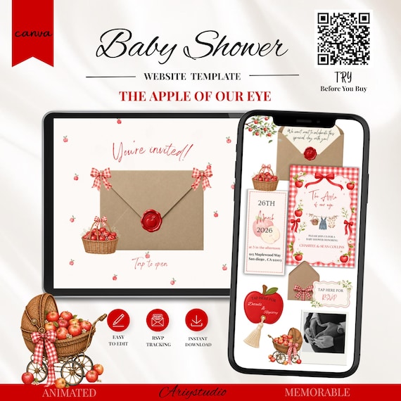 Apple Of Our Eye Baby Shower Invitation Website with Online RSVP Guest Tracker, Fall Baby Digital Evite, Editable Canva Template