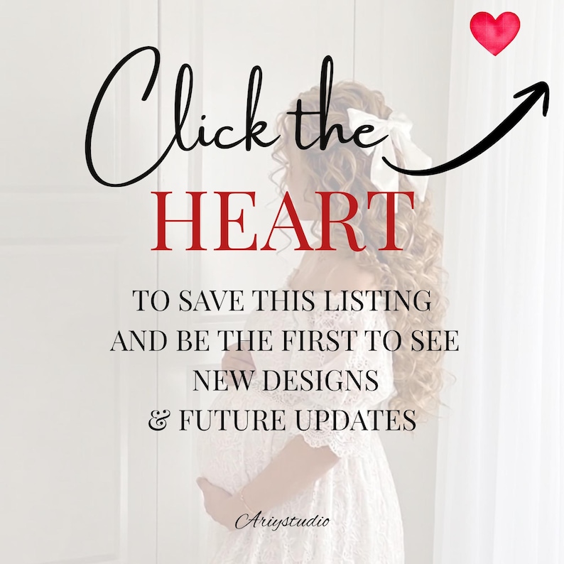 Pode incluir: Uma pessoa gr&aacute;vida com cabelos longos e cacheados vestindo um vestido de renda branco. O texto diz: Click the HEART to save this listing and be the first to see new designs & future updates. Um cora&ccedil;&atilde;o vermelho e uma seta preta apontam para cima.