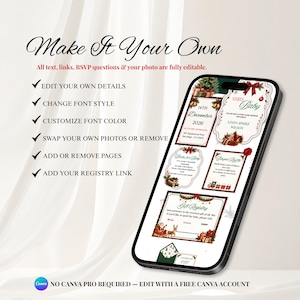 May include: A smartphone displaying a digital baby shower invitation template with Christmas-themed graphics, including red bows, pine trees, and gifts. The screen shows editable text fields for event details, a diaper raffle, and a gift registry link.