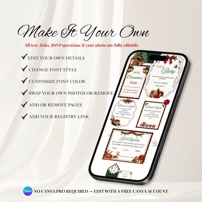 May include: A smartphone displaying a digital baby shower invitation template with Christmas-themed graphics, including red bows, pine trees, and gifts. The screen shows editable text fields for event details, a diaper raffle, and a gift registry link.