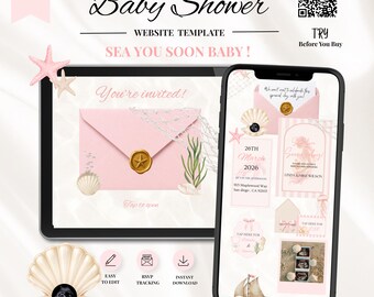 Sea You Soon Baby Shower Website Invitation | Coastal Baby Shower Invite | Pink Tropical Beach Canva Invitation (Digital Download)|