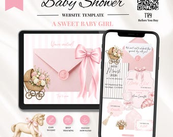 Pink Bow Baby Shower Website Template with RSVP, Editable Canva Website, Pink Bow Digital Invitation Pink Ribbon Coquette Girl Baby Shower