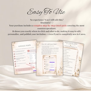 May include: A digital instructional guide featuring the text Easy To Use, No experience? Can I still edit this? Absolutely!, and a complete step-by-step visual guide. Three pages display instructions for Google Maps, adding links, and a table of contents.