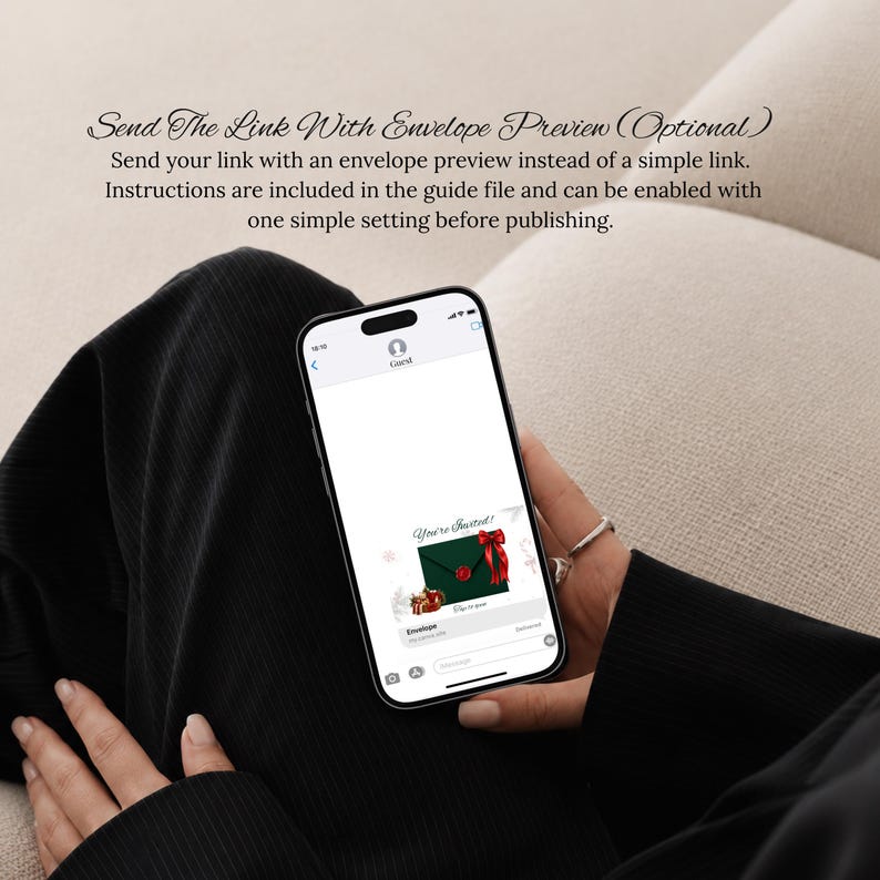 May include: A smartphone displaying a digital invitation preview featuring a dark green envelope with a red bow and wax seal. The screen shows the text 'You're Invited!' and 'Envelope' with instructions above the phone reading 'Send The Link With Envelope Preview (Optional)'.