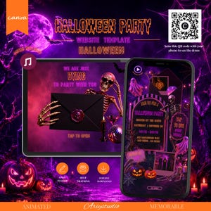May include: A digital Halloween party website template featuring a skeleton holding a black envelope with a wax seal. The design includes purple and orange lighting, a full moon, pumpkins, and ghosts. Text includes HALLOWEEN PARTY, WE ARE JUST DYING TO PARTY WITH YOU, and TAP TO OPEN.