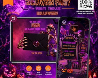 May include: A digital Halloween party website template featuring a skeleton holding a black envelope with a wax seal. The design includes purple and orange lighting, a full moon, pumpkins, and ghosts. Text includes HALLOWEEN PARTY, WE ARE JUST DYING TO PARTY WITH YOU, and TAP TO OPEN.