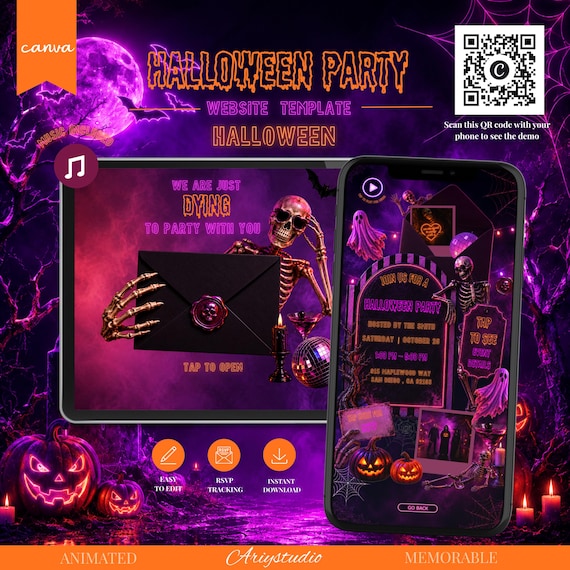 Neon Halloween Party Invitation | Purple & Orange Halloween Digital Invite | Spooky Party Invitation | Editable Canva Template | RSVP