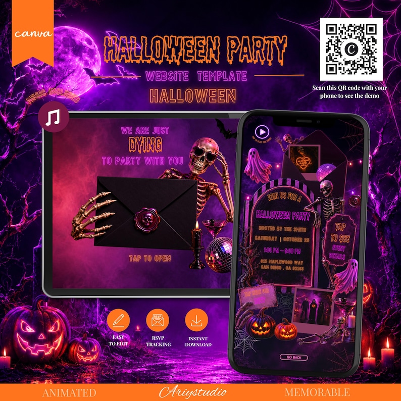 May include: A digital Halloween party website template featuring a skeleton holding a black envelope with a wax seal. The design includes purple and orange lighting, a full moon, pumpkins, and ghosts. Text includes HALLOWEEN PARTY, WE ARE JUST DYING TO PARTY WITH YOU, and TAP TO OPEN.