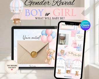 Boy or Girl Gender Reveal Website Invitation | Teddy Bear Gender Reveal Invite | Pink Blue Gender Reveal | Editable Canva Template
