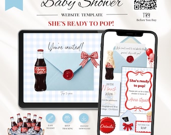 Blue She's Ready To Pop Baby Shower Website Invitation Template: Boy Soda Theme (Editable in Canva)